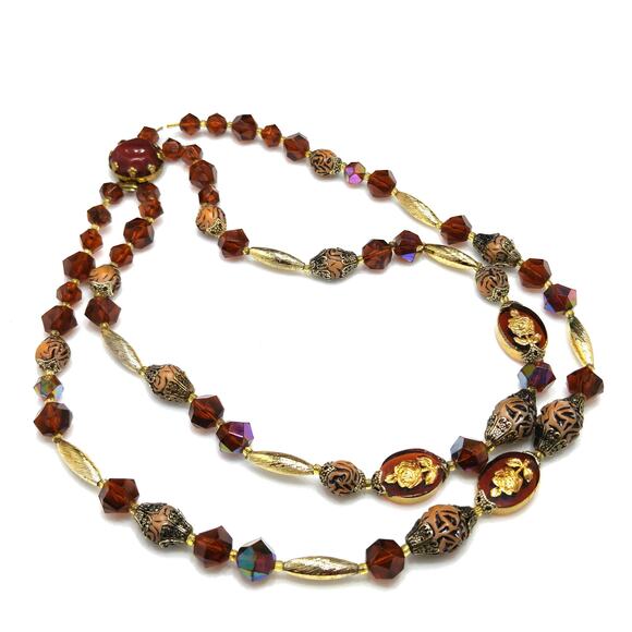 Western Germany Art Bead Floral Necklace, Two Strands, Button Box Clasp, 1950s - Picture 6 of 10